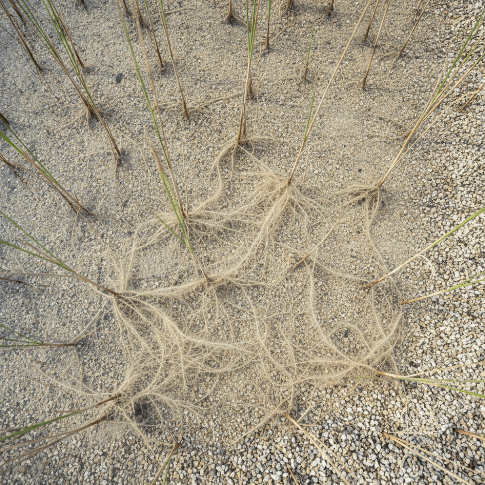 Gros plan sur le massif filtrant de graviers et racines de roseaux d'un filtre planté vertical
